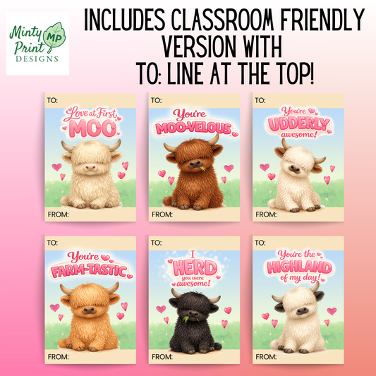 Cute farm animal Valentine cards printable Highland cow design