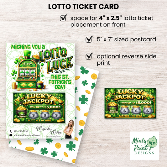 Green shamrock patterned rear side design for 5x7 St. Patrick’s Day client appreciation postcard template.