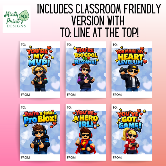 Roblox-style Valentine cards printable for classroom Valentine’s Day