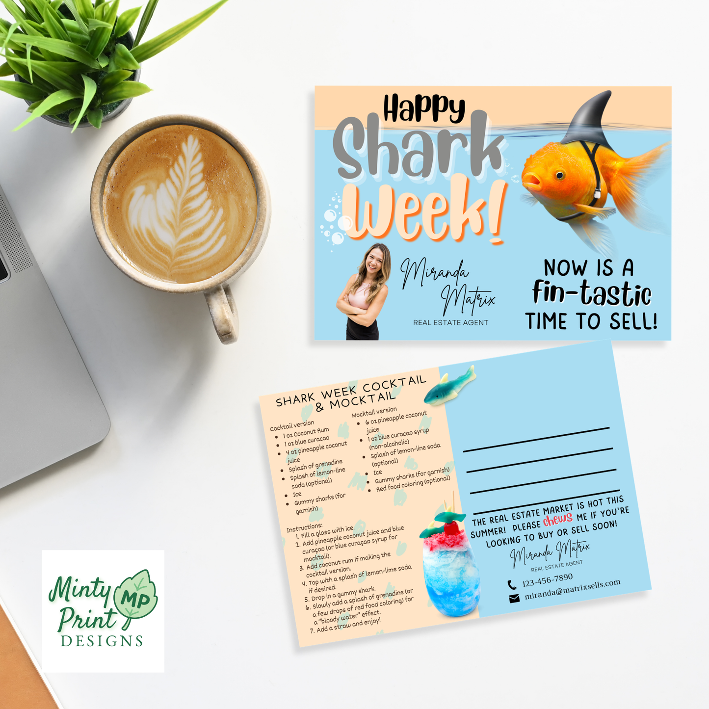 Realtor marketing template with Shark Week theme including drink recipe and colorful layered cocktail for client gifts and farming ideas