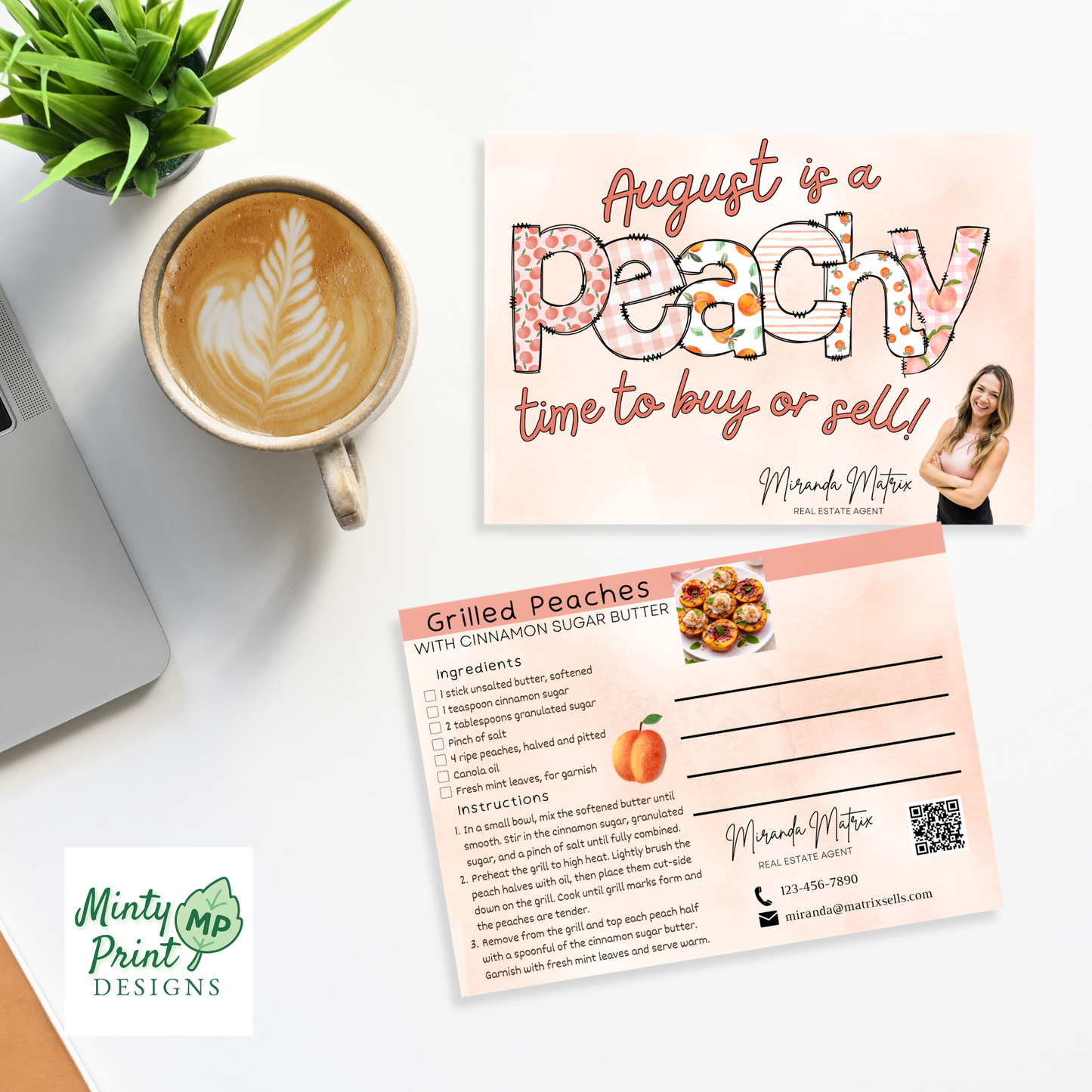 Summer pop by idea postcard with grilled peaches recipe and peach design Canva template