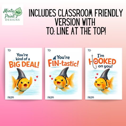 You’re FIN-tastic goldfish shark Valentine card for classroom exchange