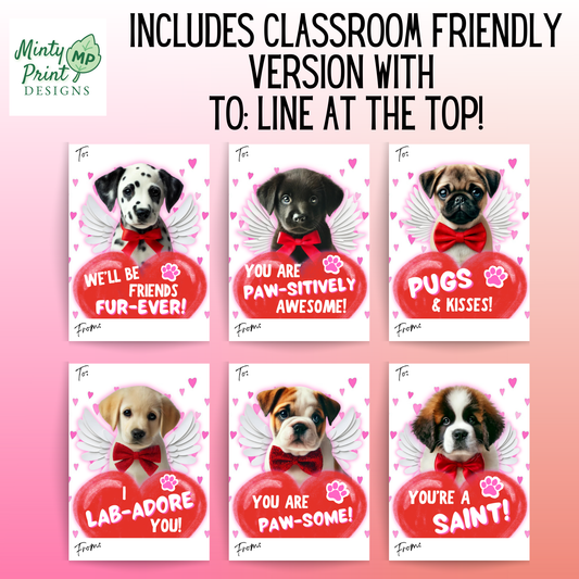 Set of 6 Cupid Puppy printable Valentine cards for kids