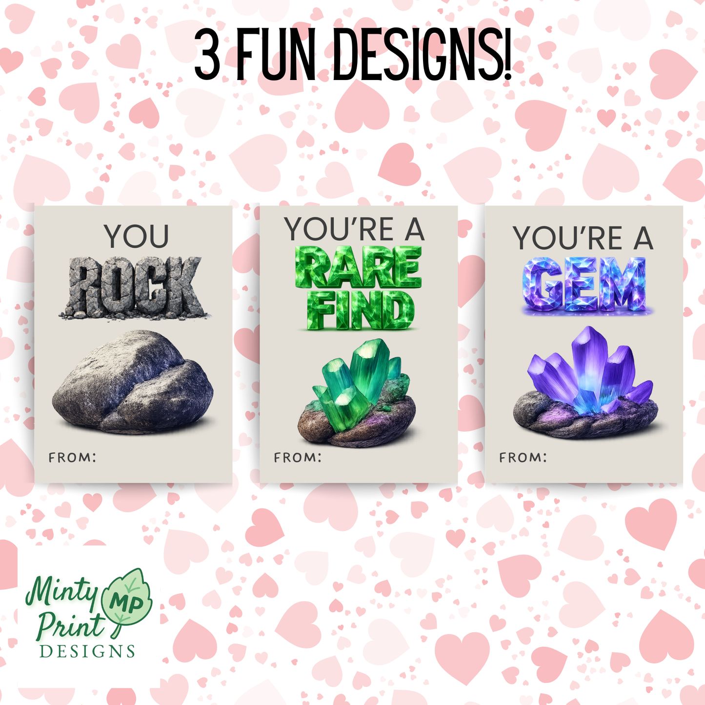 Printable rock valentines for boys featuring You Rock, You’re a Gem, and Rare Find classroom cards