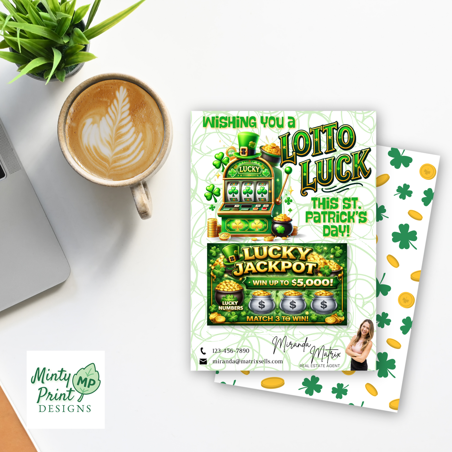 Printed St. Patrick’s Day real estate postcard template with shamrock design and lottery ticket attachment area.