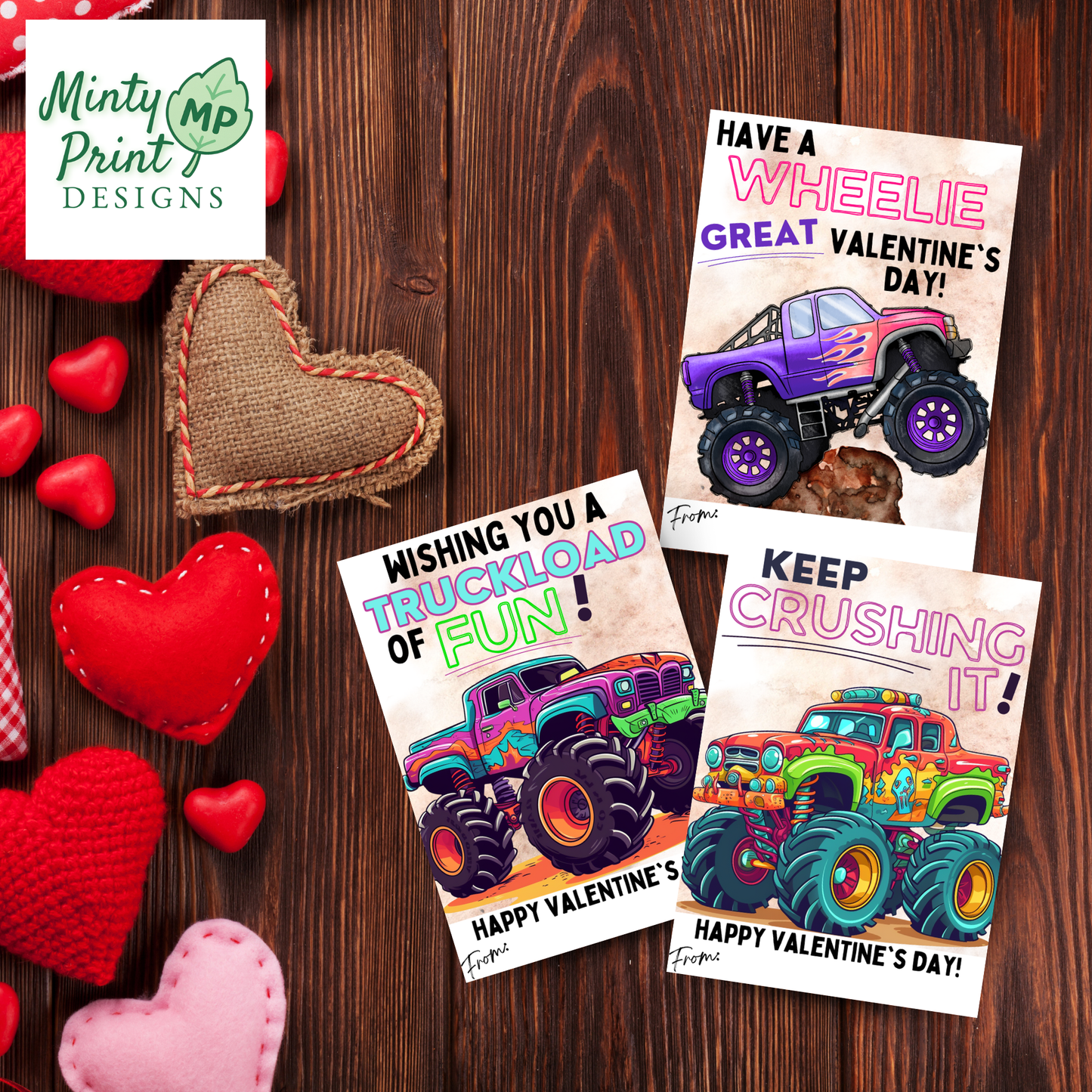 Monster truck Valentine card printable with truck themed message for kids