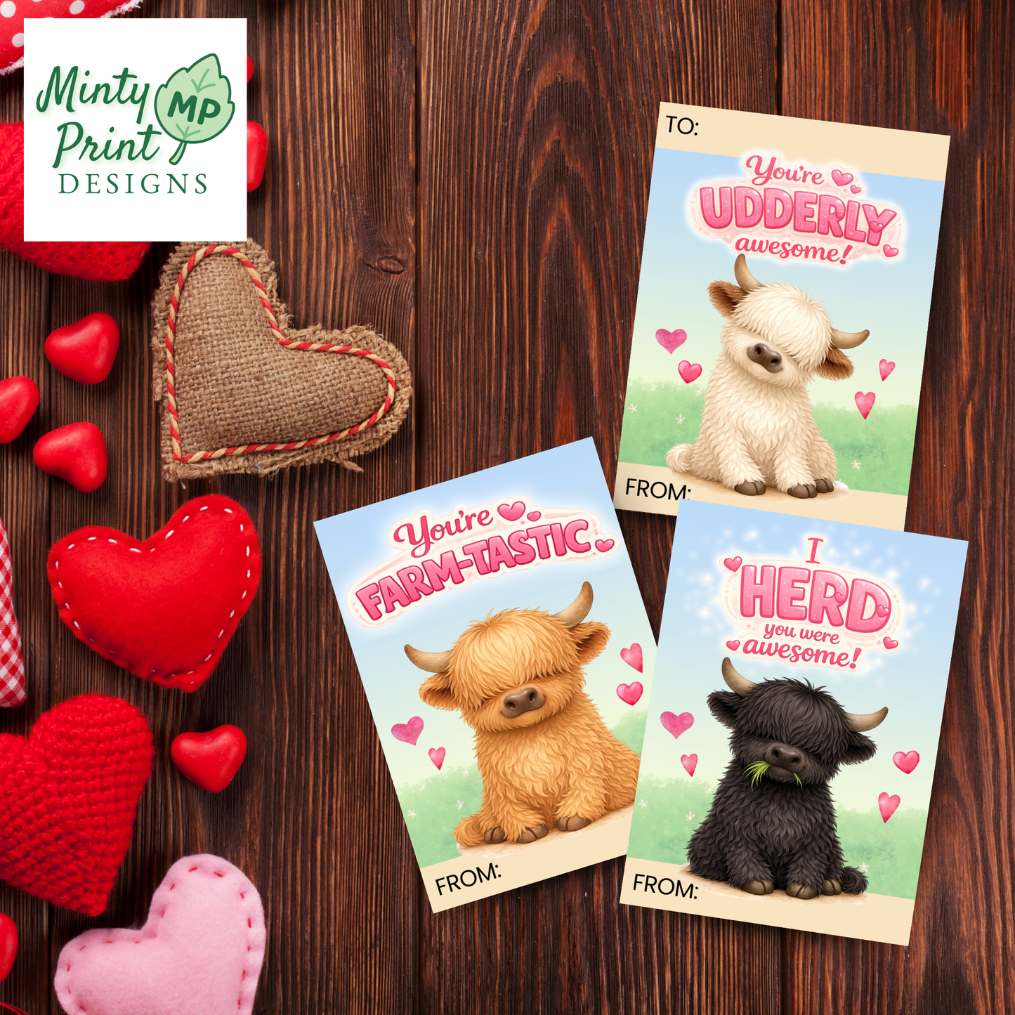 Cute farm animal Valentine cards printable Highland cow design