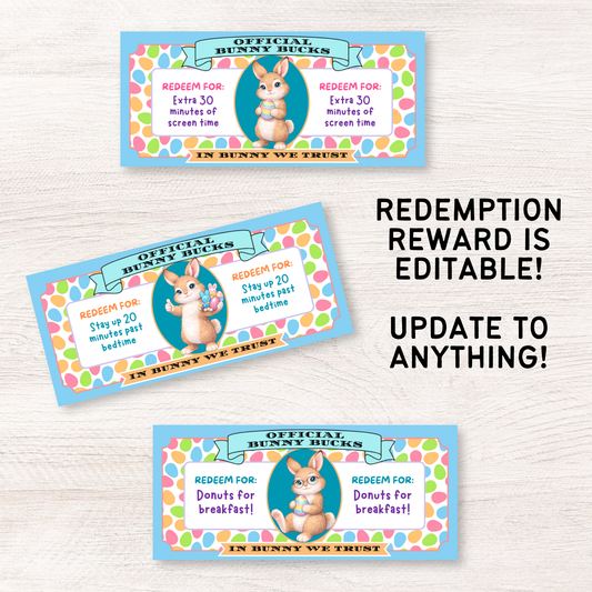 Editable Bunny Bucks print-at-home reward coupons featuring customizable Easter rewards like extra screen time and staying up past bedtime.
