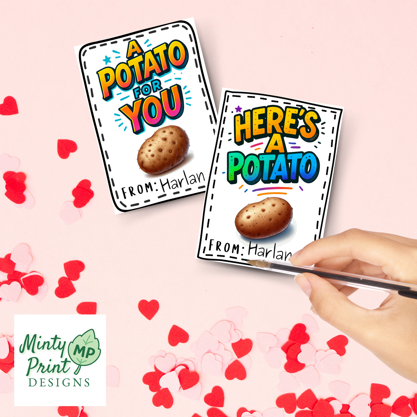 Printable valentine card with bright neon text saying You Deserve a Potato and a realistic potato graphic on a clean white background.