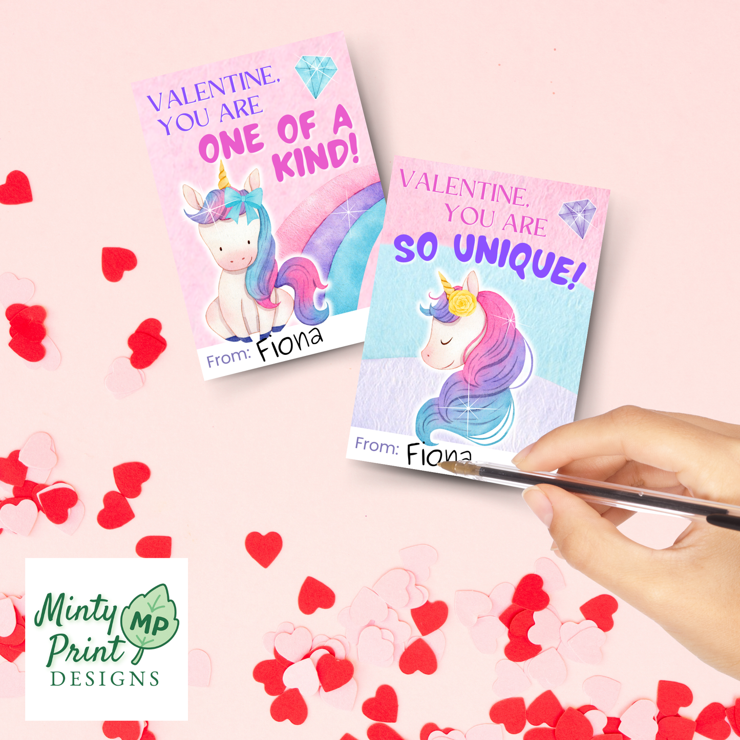 Cute unicorn Valentine card in pastel colors with sparkles and message “Valentine, You Are So Unique”