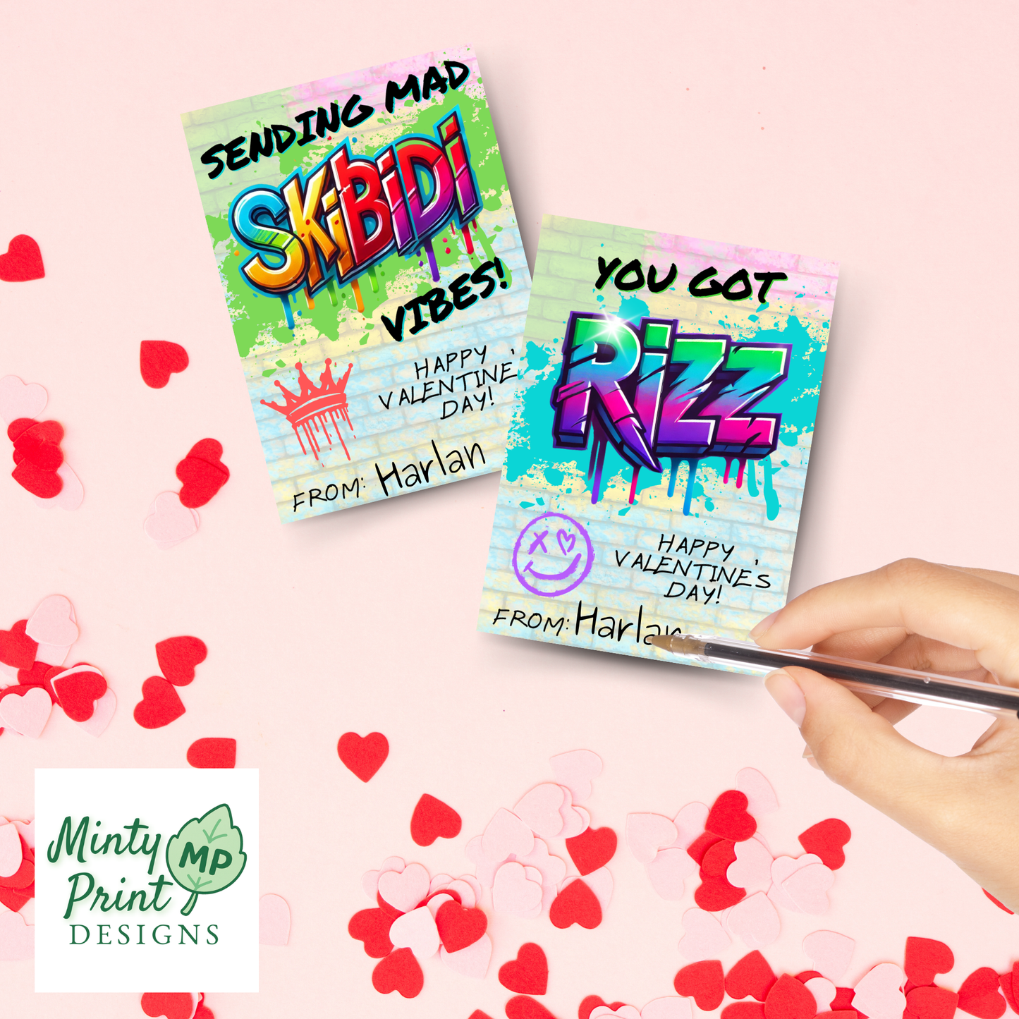 Printable slang Valentine cards for older kids with words like bussin, rizz, skibidi, sigma, cap, and GOAT—instant PDF