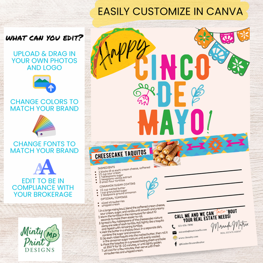 Editable real estate recipe postcard template with mailing address lines and cheesecake taquitos dessert recipe for Cinco de Mayo marketing.
Cinco de Mayo realtor postcard template with colorful taco illustration and festive papel picado banner editable in Canva.
