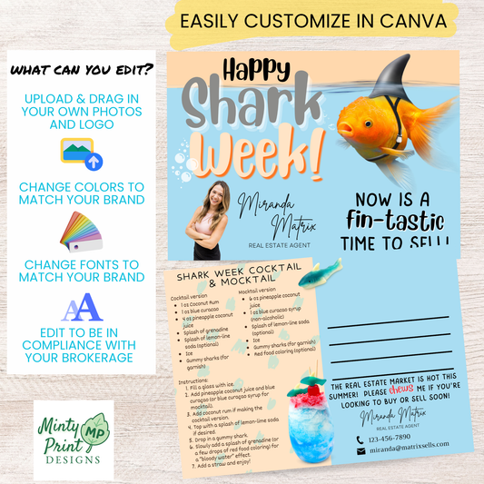 Realtor pop by idea with Shark Week themed postcard and tropical blue cocktail recipe designed for summer client appreciation gifts