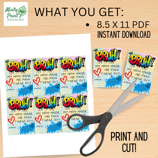 Close-up of funny Bruh Valentine card with bold colors and modern design for school exchanges.