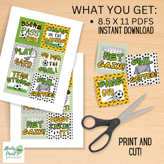 Soccer gift tags printable shown on brown paper treat bags outdoors
