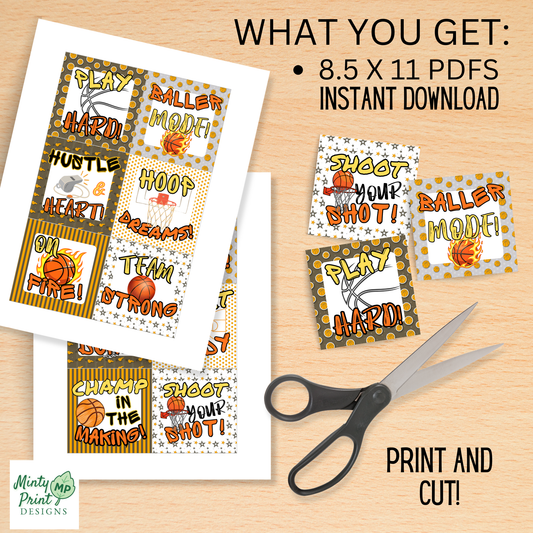 Basketball printable gift tags for team snacks, party favors, and sports celebrations. Includes 12 fun designs. Instant digital download.