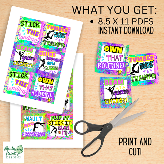 Gymnastics themed printable gift tags bundle with motivational sayings for gymnasts, 3 inch square instant download.