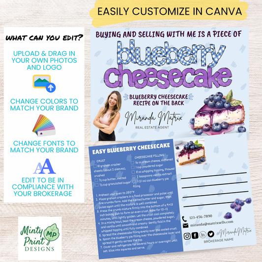 Blueberry cheesecake recipe postcard template designed for realtor client mailers and seasonal marketing.
