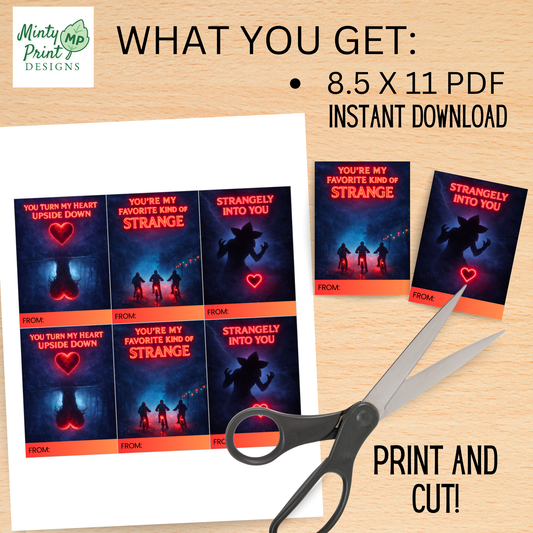 Printable Valentine card with glowing red heart and upside-down reflection, spooky sci-fi style Valentine for older kids