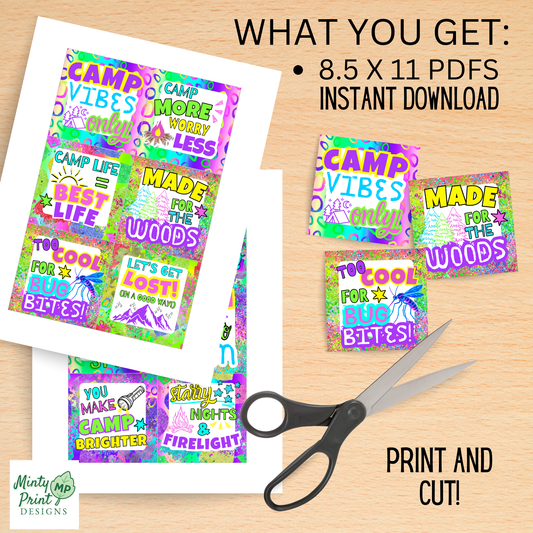 Bright summer camp gift tags with trendy fonts and colorful backgrounds designed for kids and tweens.