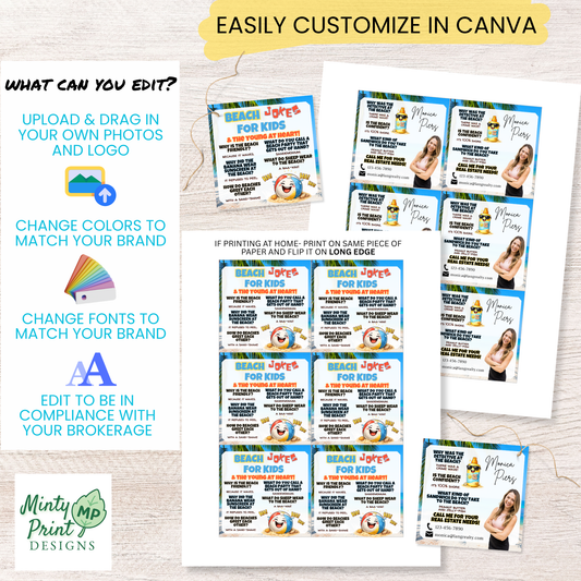 Editable summer beach pop-by tag template in Canva with customizable headshot and business details for May and June marketing.