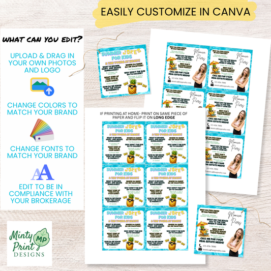 Editable summer pop-by tag template in Canva with customizable headshot and business details for June and July marketing.