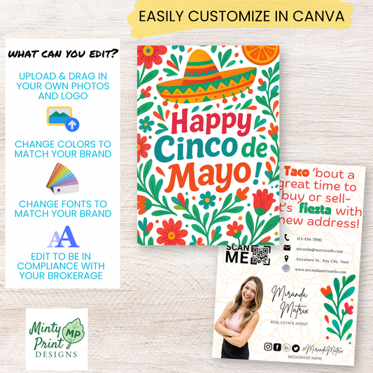 Editable Cinco de Mayo realtor marketing template showing customizable postcard design and Canva editing options for photos, colors, fonts, and branding.