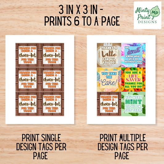 Coworker appreciation printable gift tags bundle featuring 12 food pun thank you designs, 3x3 inch square tags, instant download.