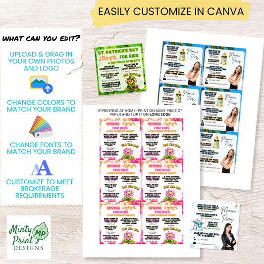 Editable Canva pop-by tag templates showing customization options including photos, branding, colors, and fonts