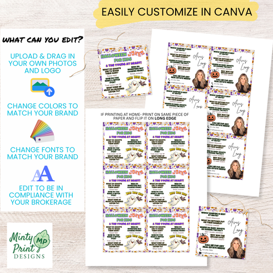 Editable Halloween pop-by tag template in Canva with customizable headshot and business details for October marketing.