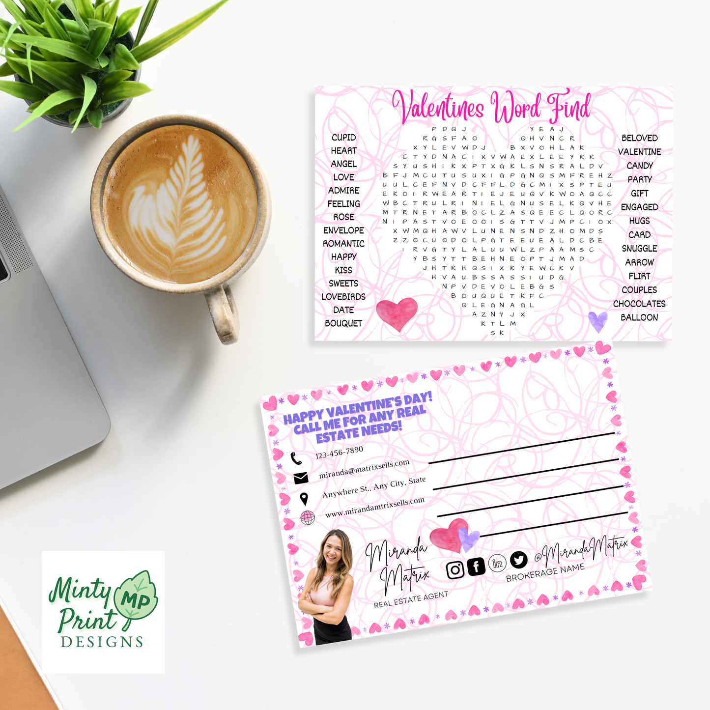 Valentine word search postcard editable Canva instant download