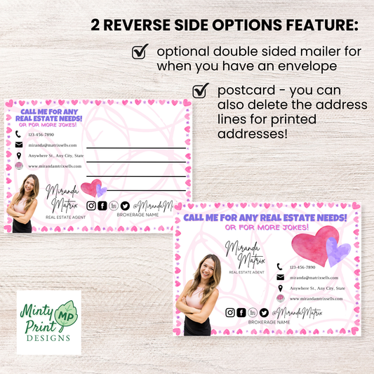 Valentine joke postcard for realtors, kid-friendly client marketing