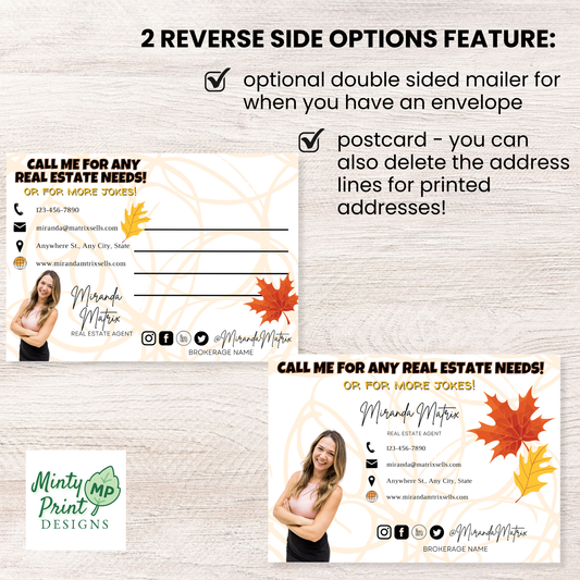 Fall joke postcard for realtors, September October marketing idea