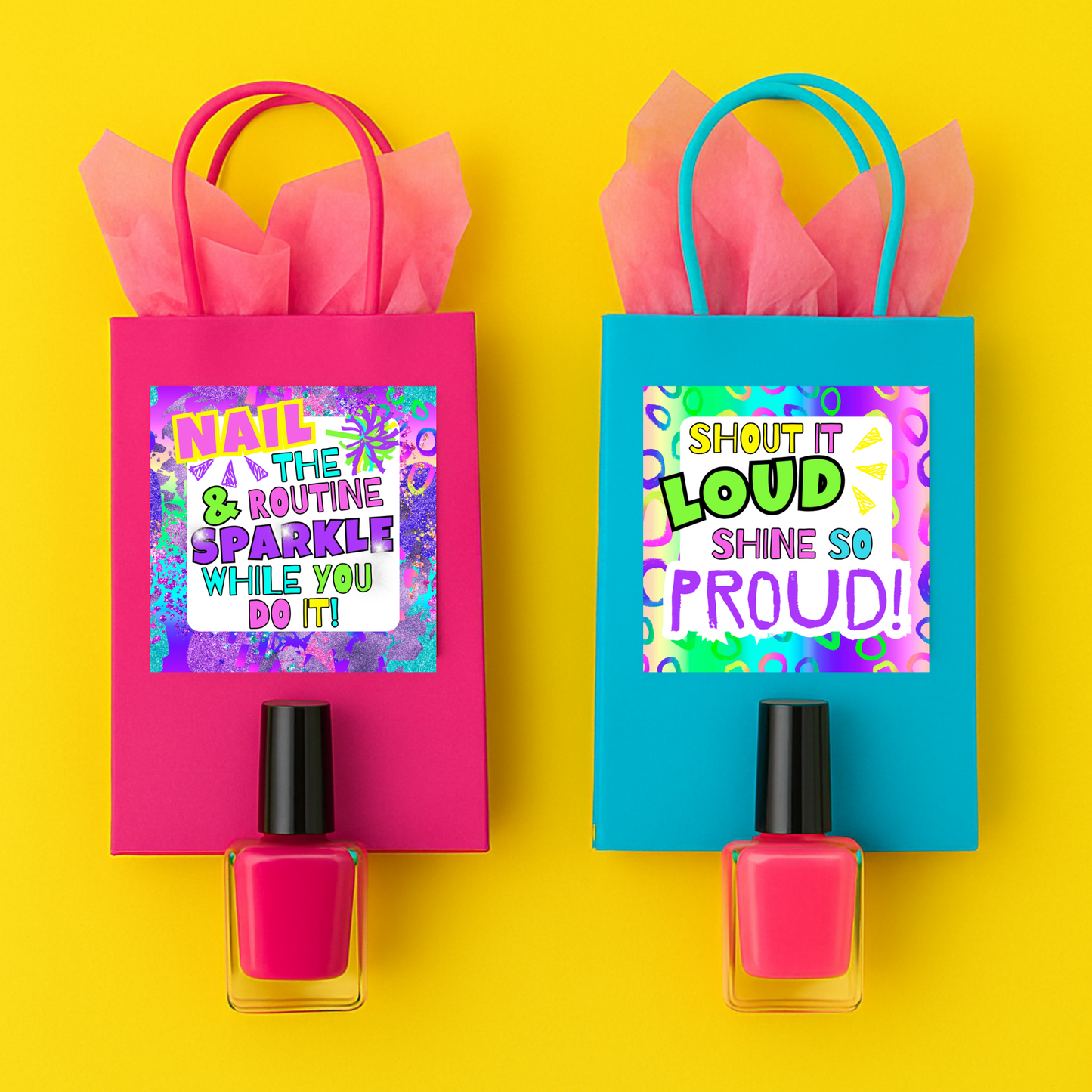Printable cheer gift tag featuring fun cheer-themed wording with bright colors and playful lettering.