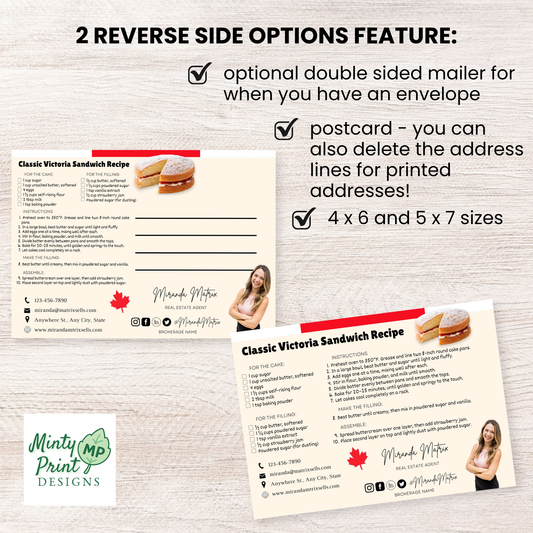 Victoria sponge cake recipe postcard template for realtors with clean layout and editable Canva design