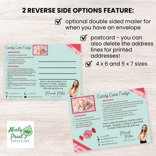 Christmas recipe postcard for real estate marketing candy cane fudge Canva template