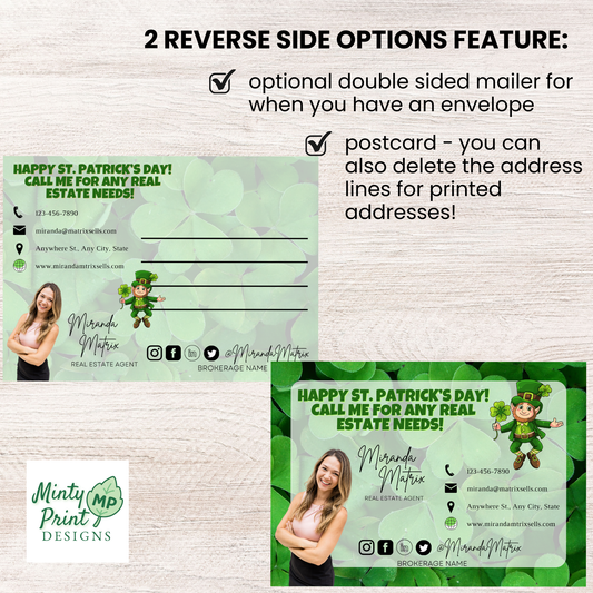 Printed St. Patrick’s Day real estate marketing postcard displayed on desk mockup with shamrock background.