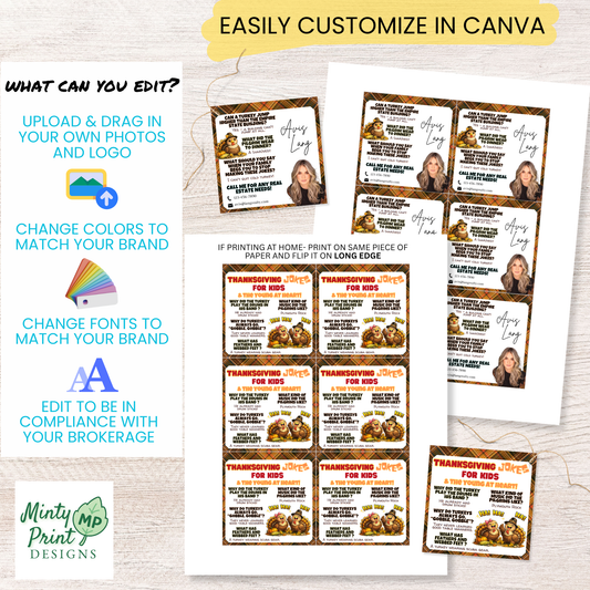 Editable Thanksgiving pop-by tag template in Canva with customizable headshot, business information, colors, and fonts for client appreciation gifts.