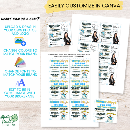 Editable winter pop-by tag template in Canva with customizable headshot, business information, colors, and fonts for seasonal client gifts.