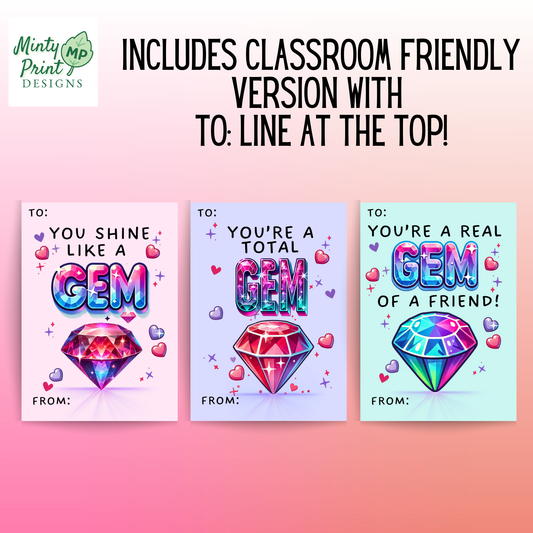 Printable Gem Valentines for Kids – Friendship Valentine Cards (Set of 3, Instant Download)