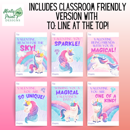 Printable Unicorn Valentine Cards for Kids – Magical Classroom Valentines | Set of 6 Sweet Unicorn Valentines (Instant Download)
