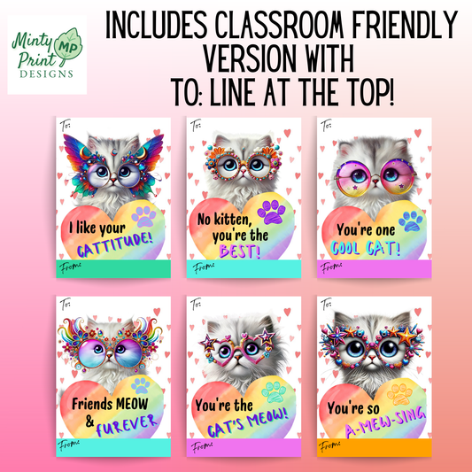 Disco Cat Classroom Valentines – Colorful Cat Pun Cards | Printable PDF