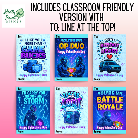 Printable Gamer Valentine Cards – Neon Battle Royale Theme (Set of 6) | Cool Video Game Classroom Valentines