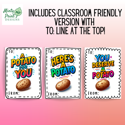 Funny Potato Valentines – Printable Kids Classroom Cards (Set of 3)