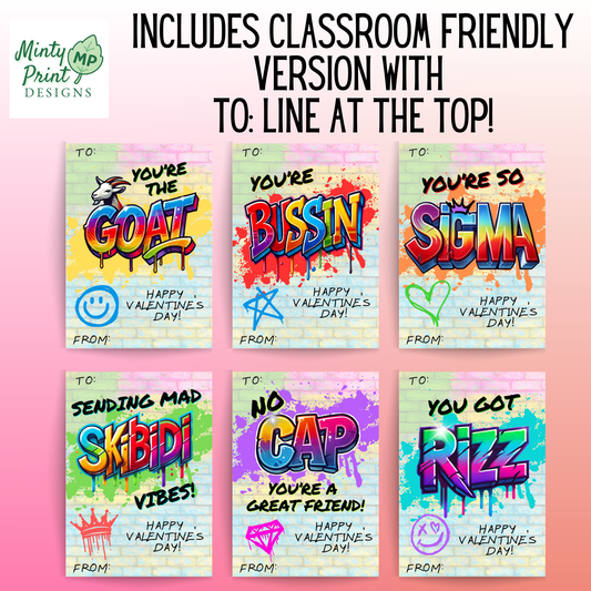 Printable Slang Word Valentines for Older Kids & Middle School – Set of 6 (GOAT, Bussin, Skibidi, Sigma, Cap & Rizz) | Kids Classroom Cards | Instant Download