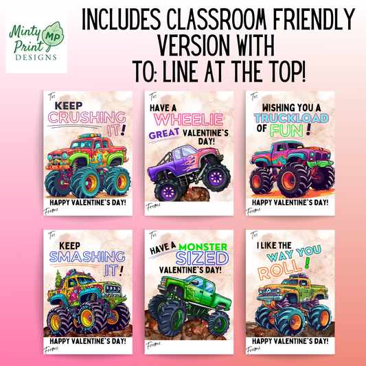 Monster Truck Valentines Printable for Kids – Set of 6 Fun Classroom Valentine Cards