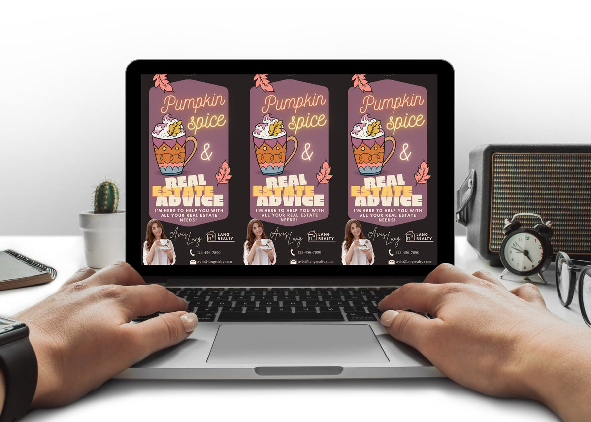 Printable autumn real estate door hanger featuring seasonal coffee artwork and customizable contact information.
