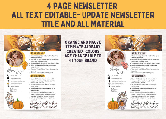 Editable Canva realtor newsletter featuring pumpkin recipes, Halloween word search, home maintenance checklist, and market updates.