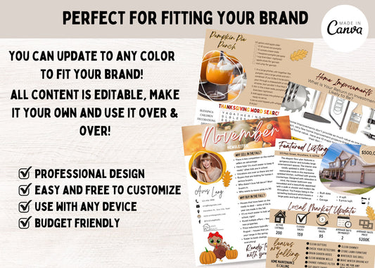 Editable Canva realtor newsletter featuring pumpkin recipe, Thanksgiving word search, market updates, and seasonal homeowner tips for November marketing.