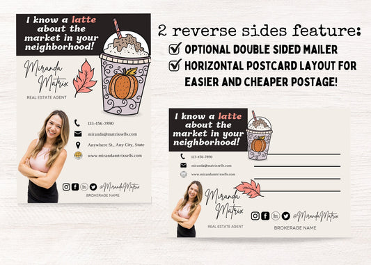 Two-sided fall real estate postcard with pumpkin spice coffee theme and customizable Realtor branding.
